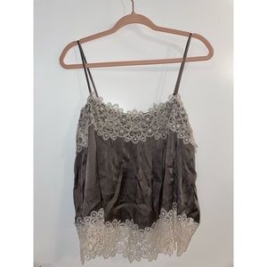 Zara, small, embroidered white + army green sleeveless blouse.